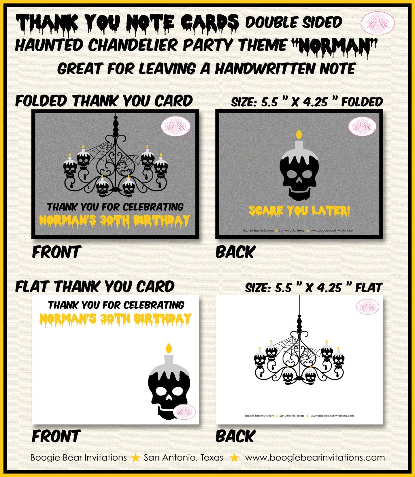Haunted House Party Thank You Card Note Birthday Halloween Chandelier Black Skull Boy Mens Girl Boogie Bear Invitations Norman Theme Printed