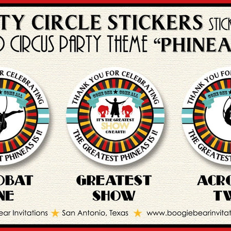 Circus Showman Birthday Party Stickers Circle Sheet Round 3 Ring Big Top Animals Red Yellow Blue Black Boogie Bear Invitations Phineas Theme