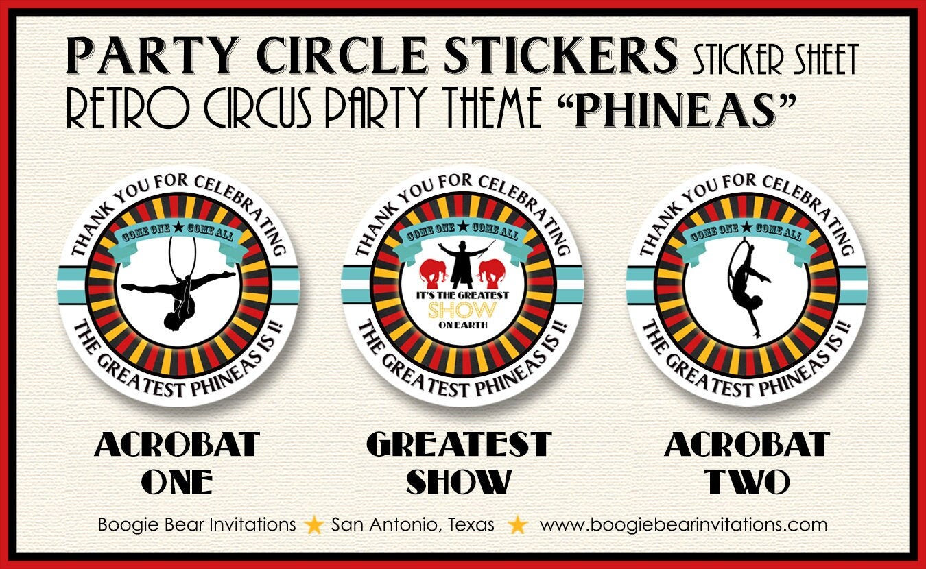 Circus Showman Birthday Party Stickers Circle Sheet Round 3 Ring Big Top Animals Red Yellow Blue Black Boogie Bear Invitations Phineas Theme