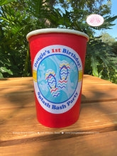 Load image into Gallery viewer, Splash Bash Birthday Party Beverage Cups Paper Drink Boy Girl Swimming Pool Beach Ball Ocean Wave Sand Boogie Bear Invitations Douglas Theme