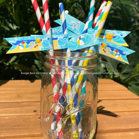 Splash Bash Party Birthday Paper Straws Pennant Drink Boy Girl Swimming Pool Beach Ball Ocean Wave Kid Boogie Bear Invitations Douglas Theme