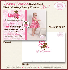 Pink Monkey Birthday Party Invitation Photo Girl Love Valentine's Day Heart Boogie Bear Invitations Aimee Theme Paperless Printable Printed