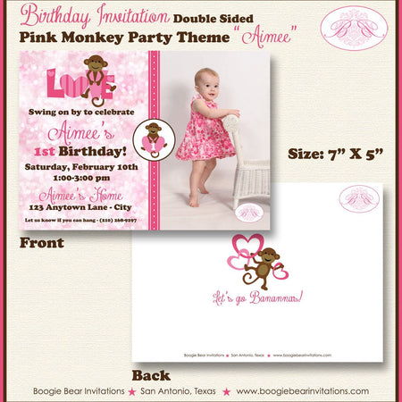 Pink Monkey Birthday Party Invitation Photo Girl Love Valentine's Day Heart Boogie Bear Invitations Aimee Theme Paperless Printable Printed