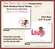 Load image into Gallery viewer, Pink Monkey Party Thank You Card Birthday Girl Love Valentine&#39;s Day Heart Swinging Jungle Zoo Boogie Bear Invitations Aimee Theme Printed