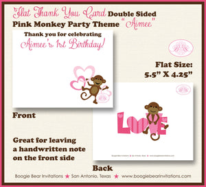 Pink Monkey Party Thank You Card Birthday Girl Love Valentine's Day Heart Swinging Jungle Zoo Boogie Bear Invitations Aimee Theme Printed