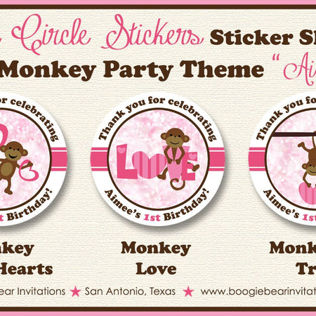 Pink Monkey Birthday Party Stickers Circle Sheet Little Valentine's Day Girl Heart Zoo Wild Jungle Tree Boogie Bear Invitations Aimee Theme