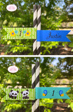 Load image into Gallery viewer, Panda Bear Party Birthday Paper Straws Pennant Drink Boy Blue Black Yellow Green Zoo Wild Jungle Animal Boogie Bear Invitations Justin Theme