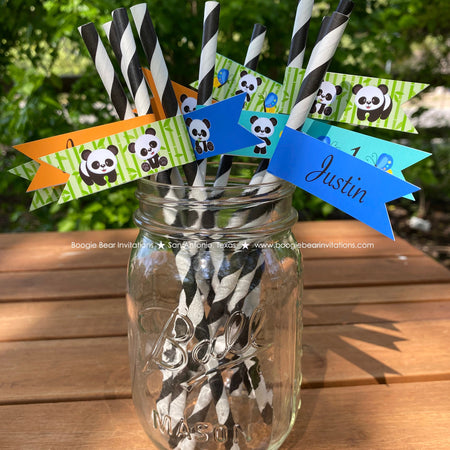 Panda Bear Party Birthday Paper Straws Pennant Drink Boy Blue Black Yellow Green Zoo Wild Jungle Animal Boogie Bear Invitations Justin Theme