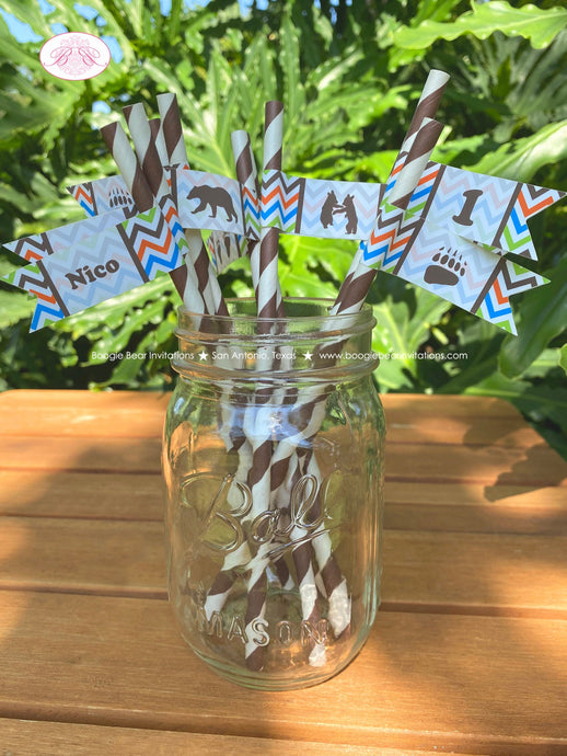 Grizzly Bear Party Birthday Paper Straws Pennant Drink Chevron Stripe Paw Print Boy Girl Brown Kodiak Zoo Boogie Bear Invitations Nico Theme
