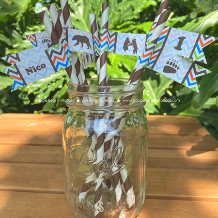 Grizzly Bear Party Birthday Paper Straws Pennant Drink Chevron Stripe Paw Print Boy Girl Brown Kodiak Zoo Boogie Bear Invitations Nico Theme