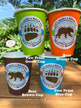 Load image into Gallery viewer, Grizzly Bear Birthday Party Beverage Cups Paper Drink Chevron Paw Print Boy Girl Brown Kodiak Zoo Rustic Boogie Bear Invitations Nico Theme