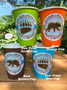 Grizzly Bear Birthday Party Beverage Cups Paper Drink Chevron Paw Print Boy Girl Brown Kodiak Zoo Rustic Boogie Bear Invitations Nico Theme