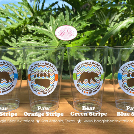 Grizzly Bear Birthday Party Beverage Cups Plastic Drink Chevron Paw Print Boy Girl Brown Kodiak Zoo Retro Boogie Bear Invitations Nico Theme