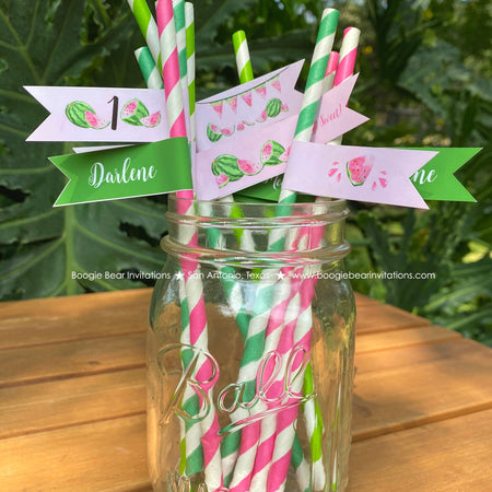 Pink Watermelon Birthday Party Straws Paper Pennant Birthday Girl One In Melon Two Sweet Summer Green Boogie Bear Invitations Darlene Theme