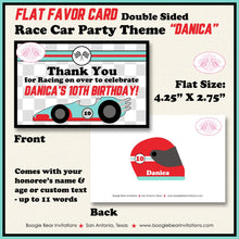 Load image into Gallery viewer, Race Car Birthday Party Favor Card Tent Place Appetizer Food Red Aqua Boy Girl Checkered Flag Boogie Bear Invitations Danica Theme Printed