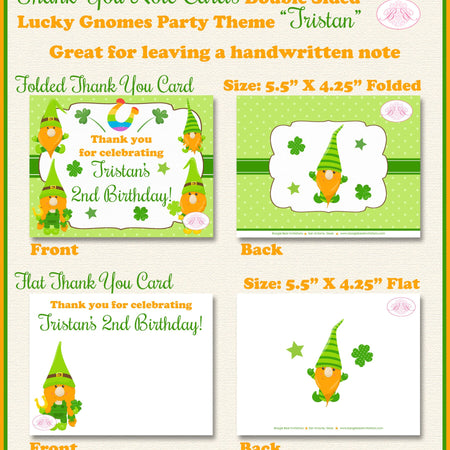 St. Patrick's Day Gnomes Party Thank You Cards Birthday Boy Girl Lucky Green Shamrock Orange Boogie Bear Invitations Tristan Theme Printed