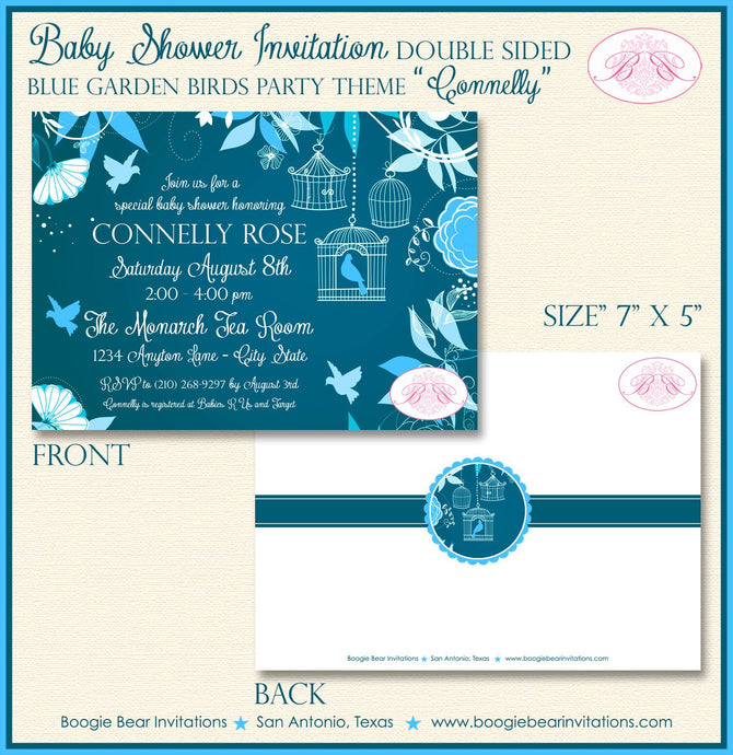 Bird Flower Garden Baby Shower Invitation Blue Boy Birdcage Cage Spring Boogie Bear Invitations Connelly Theme Paperless Printable Printed