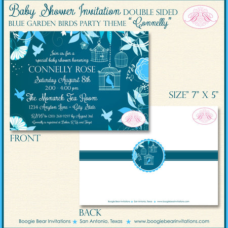 Bird Flower Garden Baby Shower Invitation Blue Boy Birdcage Cage Spring Boogie Bear Invitations Connelly Theme Paperless Printable Printed