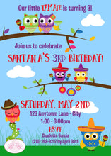 Load image into Gallery viewer, Cinco de Mayo Fiesta Party Invitation Owls Girl Boy Birthday Mariachi Kids Boogie Bear Invitations Paperless Printable Printed Santana Theme