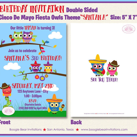 Cinco de Mayo Fiesta Party Invitation Owls Girl Boy Birthday Mariachi Kids Boogie Bear Invitations Paperless Printable Printed Santana Theme