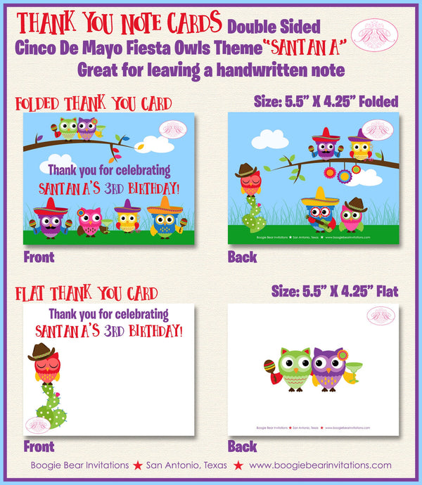 Cinco de Mayo Fiesta Party Thank You Card Note Birthday Owls Girl Boy Birthday Mariachi Kids Boogie Bear Invitations Santana Theme Printed