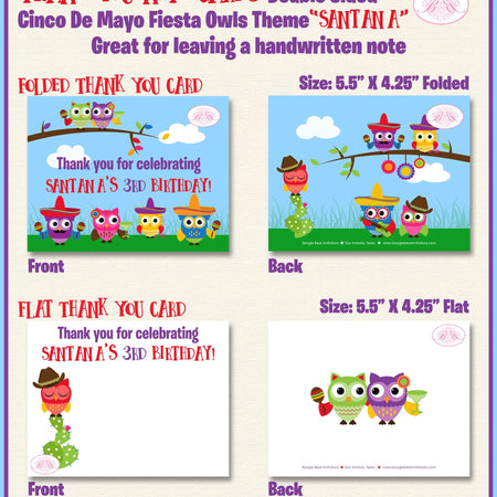 Cinco de Mayo Fiesta Party Thank You Card Note Birthday Owls Girl Boy Birthday Mariachi Kids Boogie Bear Invitations Santana Theme Printed