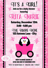 Load image into Gallery viewer, Pink Penguin Baby Shower Invitation Girl Winter Little Snowflake Star Snow Boogie Bear Invitations Rita Theme Paperless Printable Printed