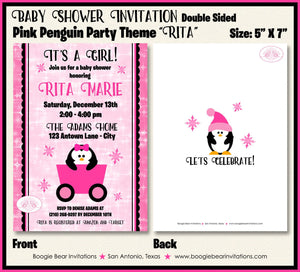 Pink Penguin Baby Shower Invitation Girl Winter Little Snowflake Star Snow Boogie Bear Invitations Rita Theme Paperless Printable Printed