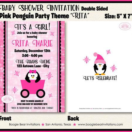Pink Penguin Baby Shower Invitation Girl Winter Little Snowflake Star Snow Boogie Bear Invitations Rita Theme Paperless Printable Printed