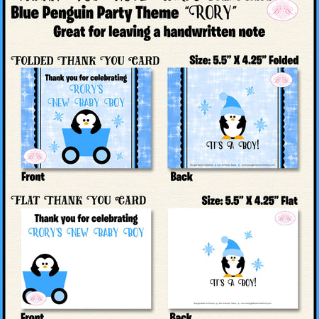 Blue Penguin Baby Shower Party Thank You Cards Girl Winter Little Snowflake Star Snow Christmas Boogie Bear Invitations Rory Theme Printed