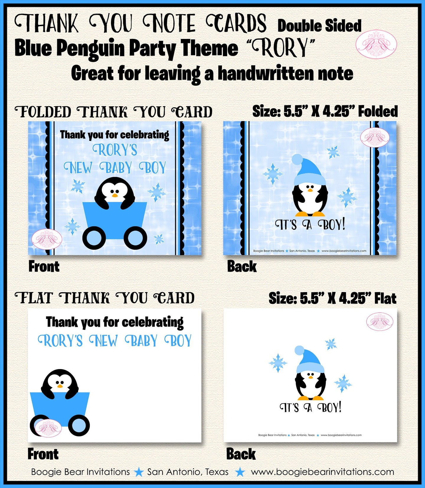 Blue Penguin Baby Shower Party Thank You Cards Girl Winter Little Snowflake Star Snow Christmas Boogie Bear Invitations Rory Theme Printed