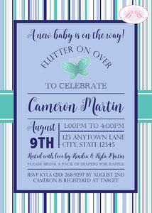Butterfly Gender Neutral Baby Shower Invitation Reveal Green Blue Boy Girl Boogie Bear Invitations Cameron Theme Paperless Printable Printed