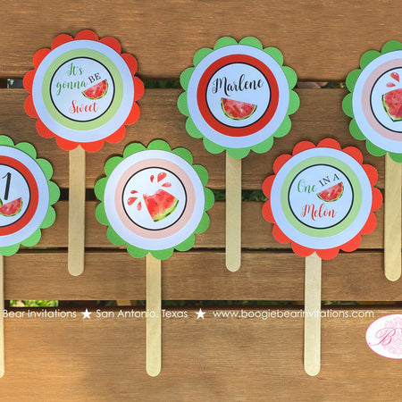 Red Watermelon Party Cupcake Toppers Birthday Girl Boy One In Melon Two Sweet Green Summer Fruit Juicy Boogie Bear Invitations Marlene Theme