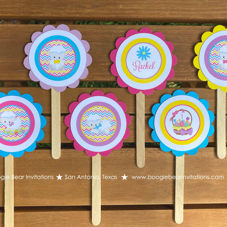 Spring Lambs Cupcake Toppers Birthday Party Sheep Girl Easter Pink Yellow Purple Farm Animals Flower Boogie Bear Invitations Rachel Theme