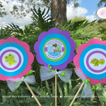 Fishing Girl Birthday Party Centerpiece Sticks Pink Dock Blue Purple Butterfly Dragonfly Frog Turtle Fish Boogie Bear Invitations Vada Theme