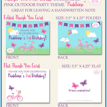 Pink Butterfly Party Thank You Card Note Birthday Girl Purple Outdoor Summer Park Bicycle Boogie Bear Invitations Madeleine Theme Printed