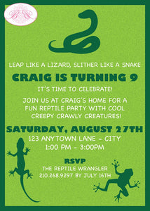Reptile Bug Birthday Party Invitation Snake Frog Lizard Boy Girl Jungle Rain Forest Zoo Boogie Bear Craig Theme Paperless Printable Printed