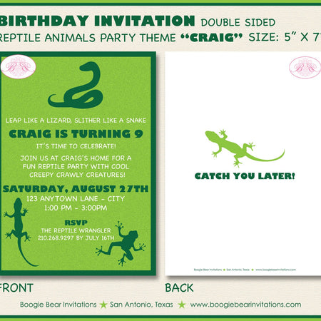 Reptile Bug Birthday Party Invitation Snake Frog Lizard Boy Girl Jungle Rain Forest Zoo Boogie Bear Craig Theme Paperless Printable Printed
