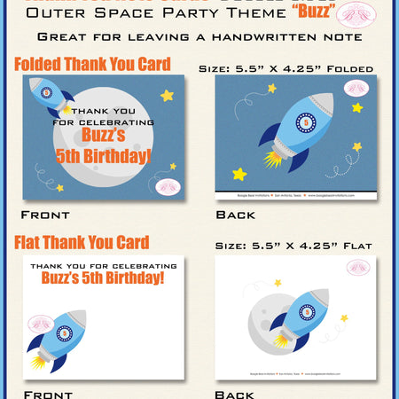 Outer Space Birthday Party Thank You Note Cards Rocket Ship Moon Shooting Star Galaxy Astronaut Boogie Bear Invitations Buzz Theme Printed