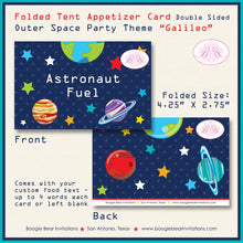Load image into Gallery viewer, Outer Space Birthday Party Favor Card Food Tent Appetizer Label Sign Solar System Planets Star Boogie Bear Invitations Galileo Theme Printed
