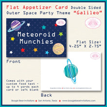 Load image into Gallery viewer, Outer Space Birthday Party Favor Card Food Tent Appetizer Label Sign Solar System Planets Star Boogie Bear Invitations Galileo Theme Printed