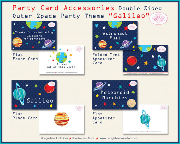 Outer Space Birthday Party Favor Card Food Tent Appetizer Label Sign Solar System Planets Star Boogie Bear Invitations Galileo Theme Printed