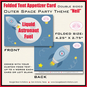 Outer Space Birthday Party Favor Card Food Tent Appetizer Label Sign Rocket Moon Shooting Star Boogie Bear Invitations Neil Theme Printed