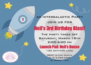 Outer Space Rocket Birthday Invitation Party Rocket Ship Moon Shooting Star Boogie Bear Invitations Neil Theme Paperless Printable Printed