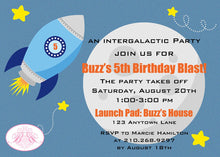 Load image into Gallery viewer, Outer Space Rocket Birthday Invitation Party Boy Girl Solar System Galaxy Fly Boogie Bear Invitations Buzz Theme Paperless Printable Printed