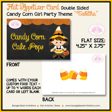 Load image into Gallery viewer, Candy Corn Girl Birthday Party Favor Card Tent Place Appetizer Food Tag Sign Black Orange Yellow Sweet Boogie Bear Invitations Tabitha Theme