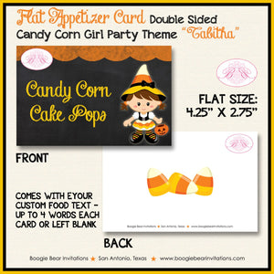 Candy Corn Girl Birthday Party Favor Card Tent Place Appetizer Food Tag Sign Black Orange Yellow Sweet Boogie Bear Invitations Tabitha Theme