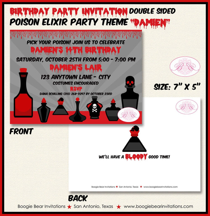 Poison Elixir Birthday Party Invitation Red Black Halloween Cocktail Spell Boogie Bear Invitations Damien Theme Paperless Printable Printed