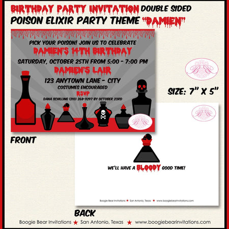 Poison Elixir Birthday Party Invitation Red Black Halloween Cocktail Spell Boogie Bear Invitations Damien Theme Paperless Printable Printed
