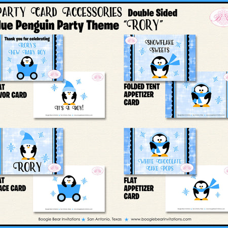 Blue Penguin Baby Shower Favor Card Tent Appetizer Food Boy Winter Little Snowflake Christmas Boogie Bear Invitations Rory Theme Printed